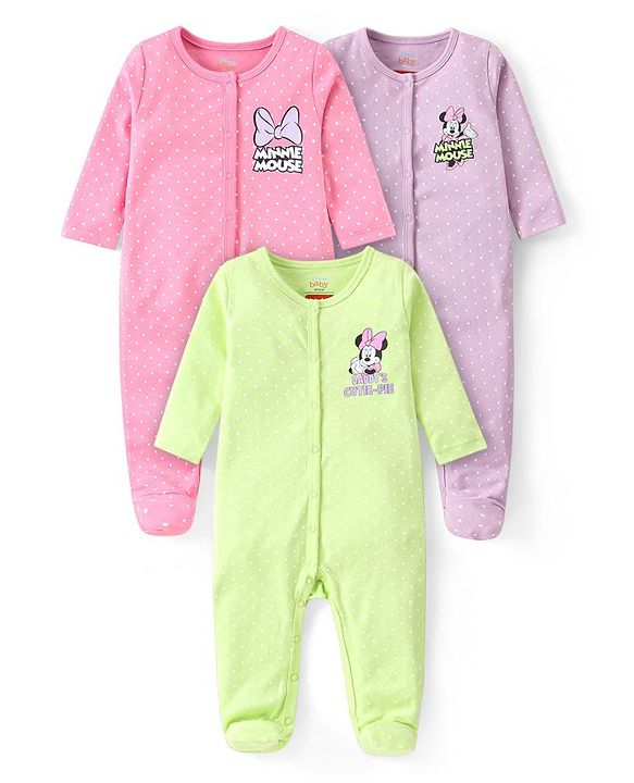 Babyhug Disney  Interlock Knit Full Sleeves Front Open Sleep Suit with Minnie Mouse Graphics Pack of 3 -Pink Purple & Neon Green