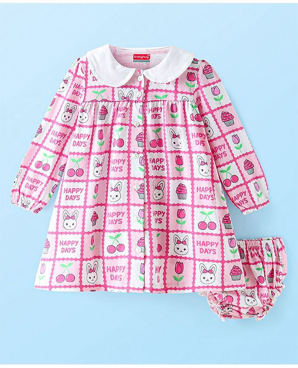 Babyhug Disney Cotton Knit Full Sleeves Frock With Minnie Mouse & Friends All over Print - Multicolor
