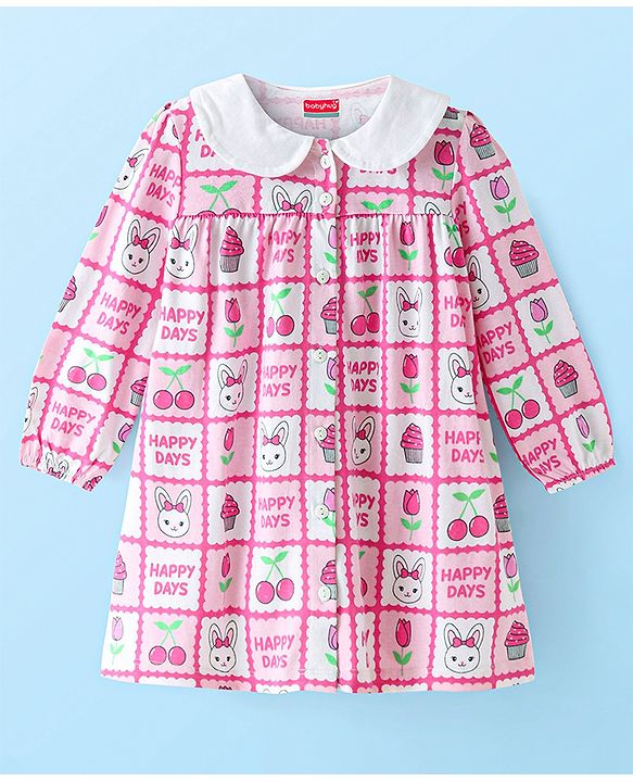 Babyhug Cotton Knit Full Sleeves Peter Pan Collared Frock With Bloomer Kitten & Floral Print - Pink