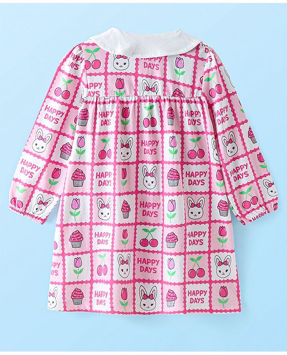 Babyhug Cotton Knit Full Sleeves Peter Pan Collared Frock With Bloomer Kitten & Floral Print - Pink