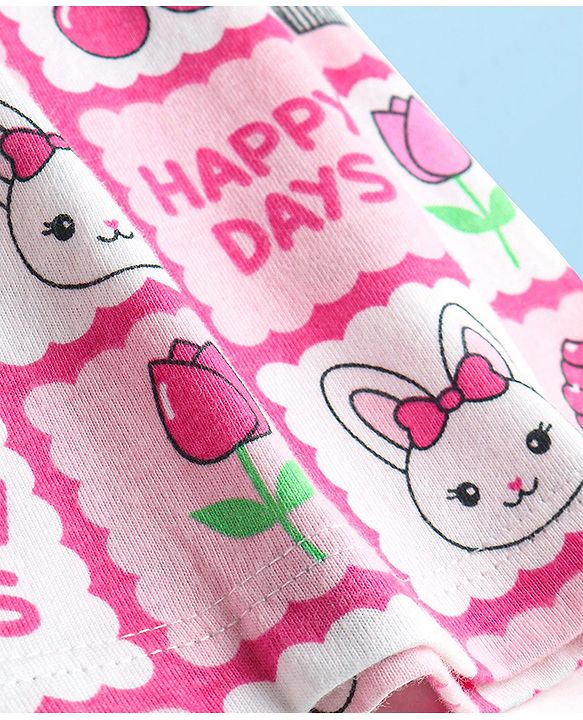 Babyhug Cotton Knit Full Sleeves Peter Pan Collared Frock With Bloomer Kitten & Floral Print - Pink