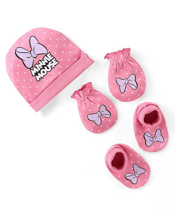 Babyhug Disney Cap Mittens & Booties Set With Minnie Mouse Graphics - Pink