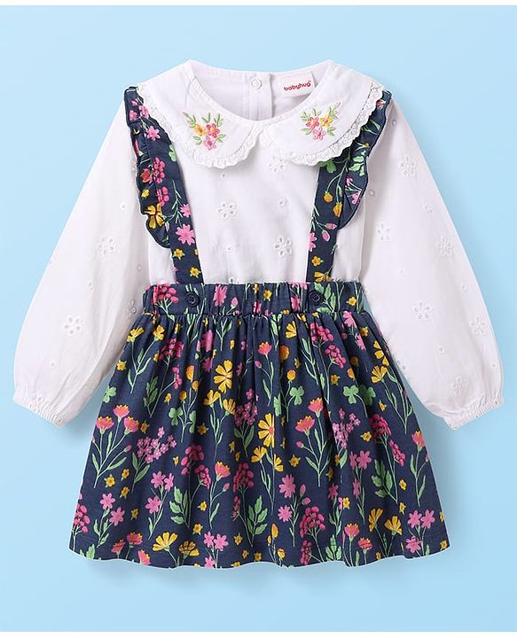 Babyhug Single Jersey Knit Full Sleeves Top & Skirt Set With Floral Print & Embroidery - White & Navy Blue