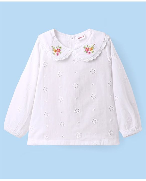 Babyhug Single Jersey Knit Full Sleeves Top & Skirt Set With Floral Print & Embroidery - White & Navy Blue
