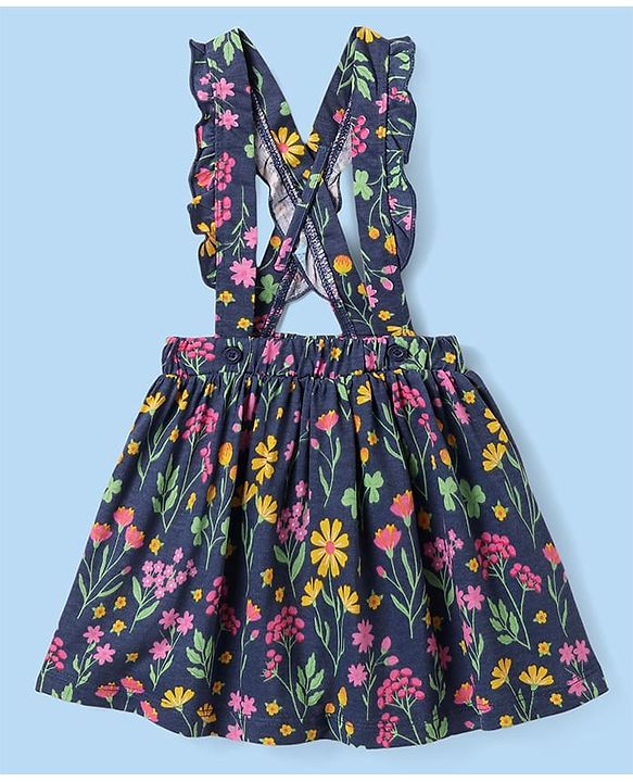 Babyhug Single Jersey Knit Full Sleeves Top & Skirt Set With Floral Print & Embroidery - White & Navy Blue