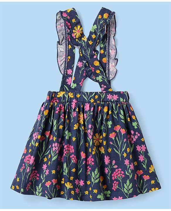 Babyhug Single Jersey Knit Full Sleeves Top & Skirt Set With Floral Print & Embroidery - White & Navy Blue