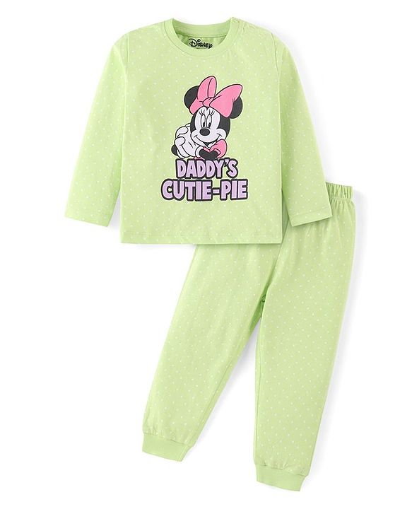 Babyhug Disney Single Jersey Knit Full Sleeves Night Suit With Minnie Mouse Graphic - Green