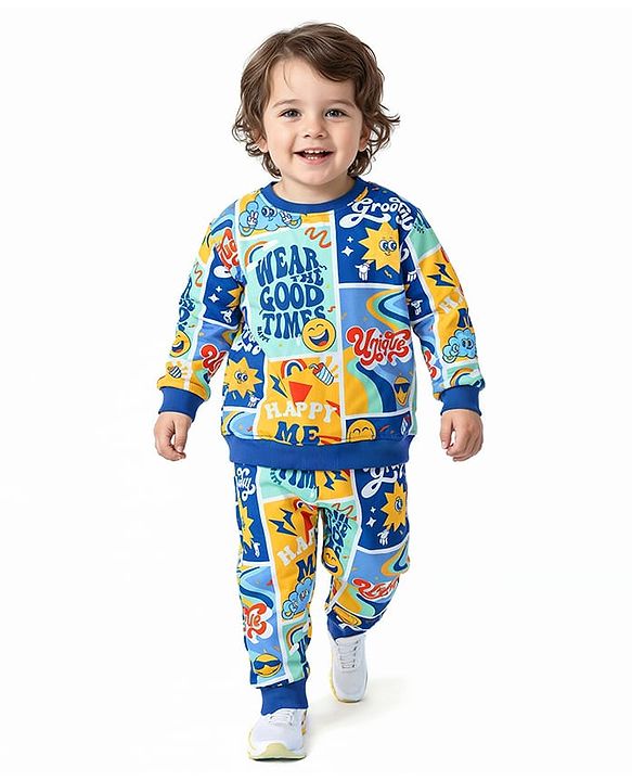 Babyhug Terry Knit Full Sleeves T-Shirt & Joggers Set with Text Print - Blue Yellow & Red