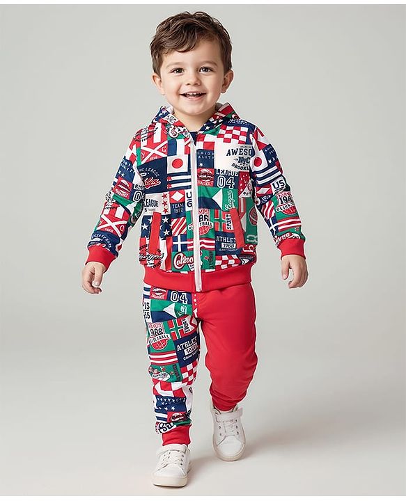 Babyhug Terry Knit Full Sleeves Text Printed Hooded Sweatjacket & Joggers Set - Red & Blue