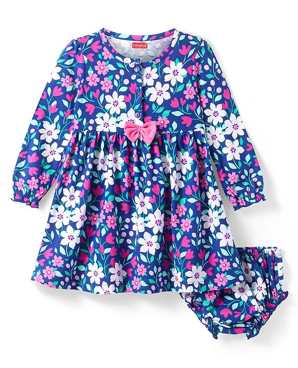 Babyhug Cotton Knit Full Sleeves Floral Printed Frock with Bloomers - Blue