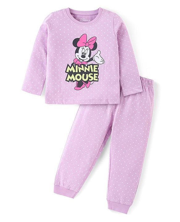 Babyhug Disney Single Jersey Knit Full Sleeves Night Suit With Minnie Mouse Graphic - Lavender