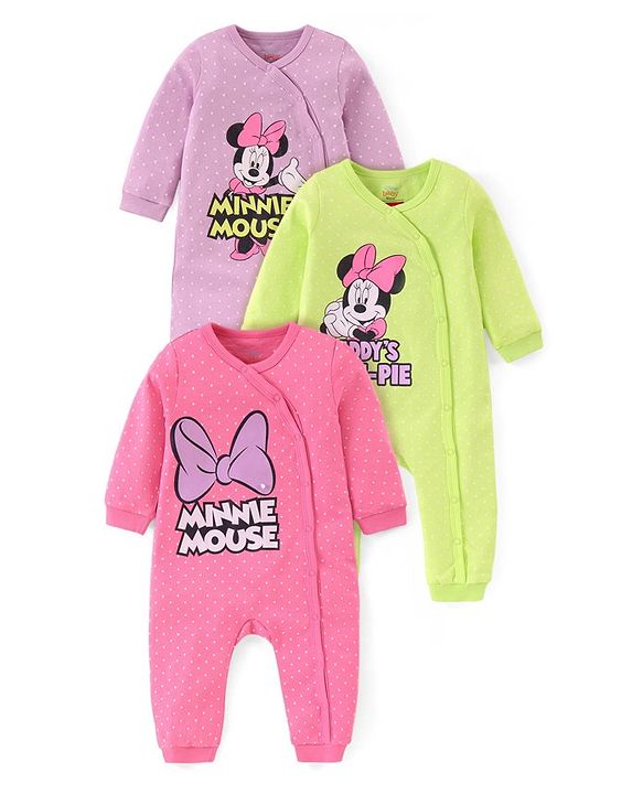 Babyhug Disney Interlock Knit Half Sleeves Striped Onesies with Chip n Dale Graphics Pack of 3 - Red Olive Green & Blue main image 0