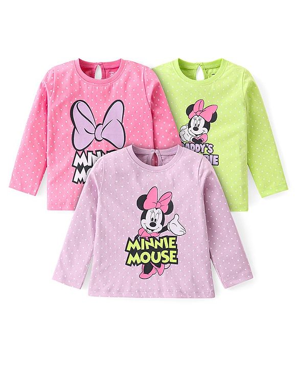 Babyhug Disney Single Jersey Knit Full Sleeves Top with Mickey Mouse Print Pack of 3 - Pink & Green