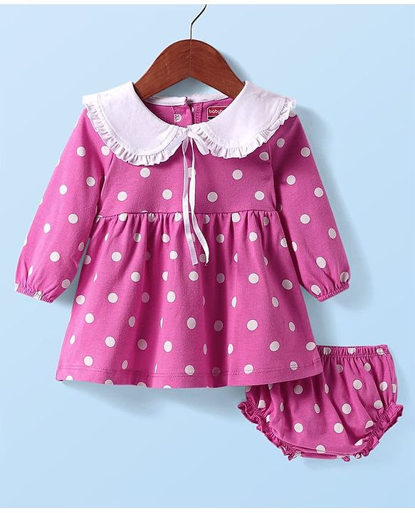 Babyhug Cotton Knit Full Sleeves Frock With Peter Pan Collar & Bloomer with Polka Dot Print - Dark Pink