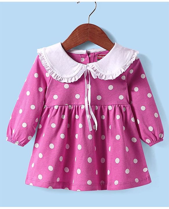 Babyhug Cotton Knit Full Sleeves Frock With Peter Pan Collar & Bloomer with Polka Dot Print - Dark Pink
