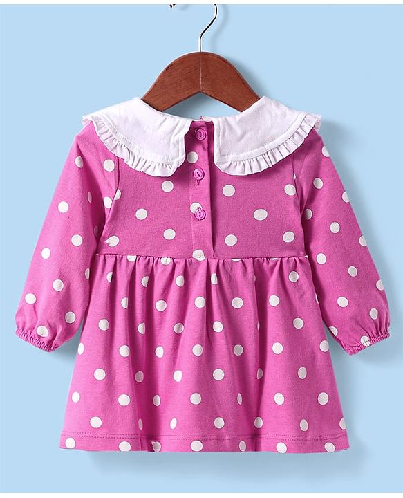 Babyhug Cotton Knit Full Sleeves Frock With Peter Pan Collar & Bloomer with Polka Dot Print - Dark Pink