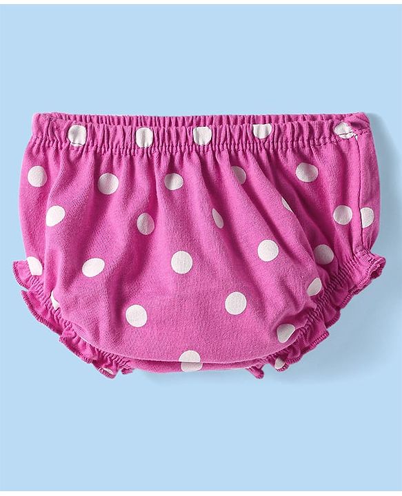 Babyhug Cotton Knit Full Sleeves Frock With Peter Pan Collar & Bloomer with Polka Dot Print - Dark Pink