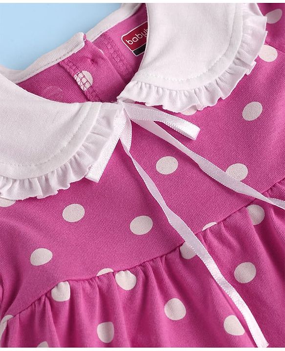 Babyhug Cotton Knit Full Sleeves Frock With Peter Pan Collar & Bloomer with Polka Dot Print - Dark Pink