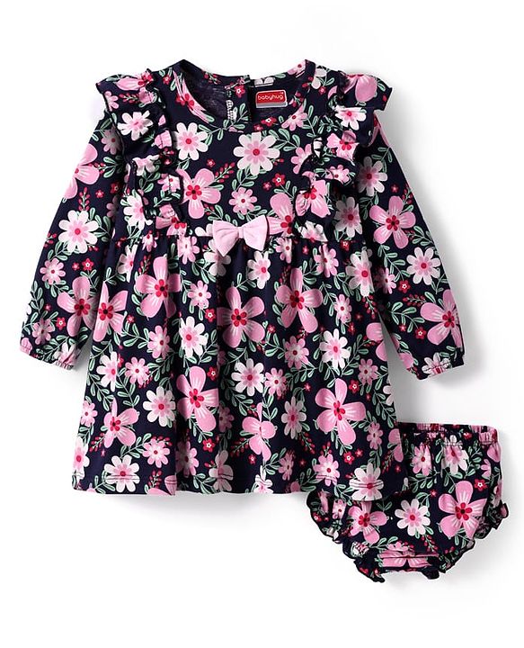 Babyhug Cotton Knit Full Sleeves Floral Printed Frock with Bloomer & Bow Applique - Navy Blue