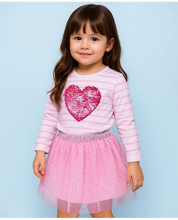 Babyhug Single Jersey Full Sleeves Top with Reverseble Sequinned Heart & Mid Thigh Length Skirt - Pink