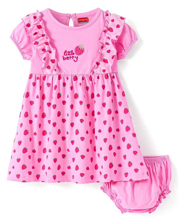 Babyhug Cotton Knit Half Sleeves Frill Detailing Strawberry Printed  Frock with Bloomer -  Pink