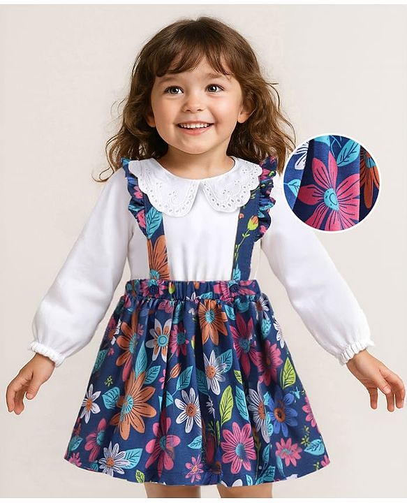 Babyhug Single Jersey Knit Full Sleeves Solid Colour Top & Skirt With Floral Print - White & Navy Blue