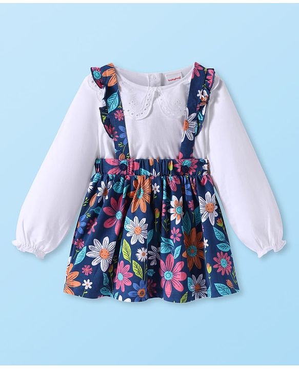 Babyhug Single Jersey Knit Full Sleeves Solid Colour Top & Skirt With Floral Print - White & Navy Blue