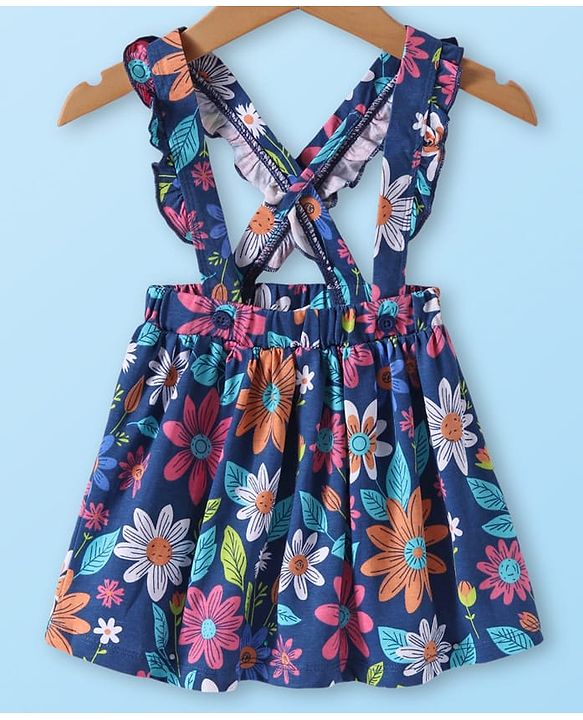Babyhug Single Jersey Knit Full Sleeves Solid Colour Top & Skirt With Floral Print - White & Navy Blue