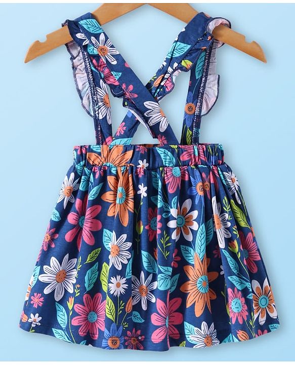 Babyhug Single Jersey Knit Full Sleeves Solid Colour Top & Skirt With Floral Print - White & Navy Blue