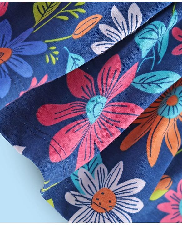 Babyhug Single Jersey Knit Full Sleeves Solid Colour Top & Skirt With Floral Print - White & Navy Blue