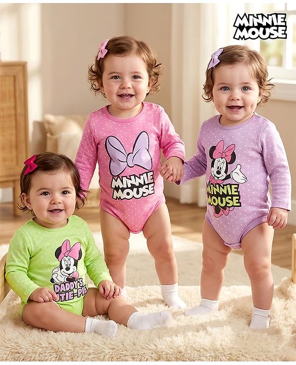 Babyhug Disney 100% Cotton Knit Full Sleeves Onesies Minnie Mouse Graphics Pack of 3- Pink Green & Purple