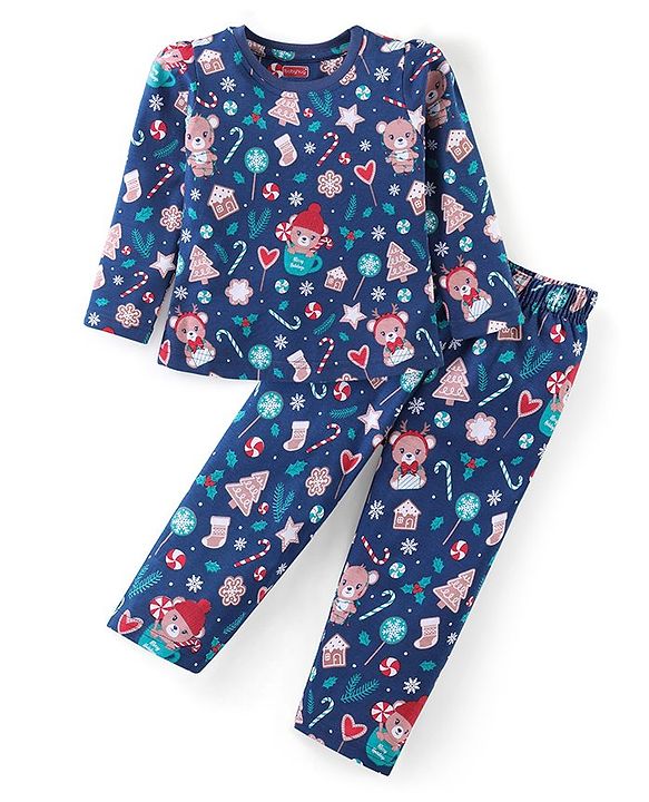 Babyhug Cotton Knit Full Sleeves Night Suit With Christmas Theme Print - Navy