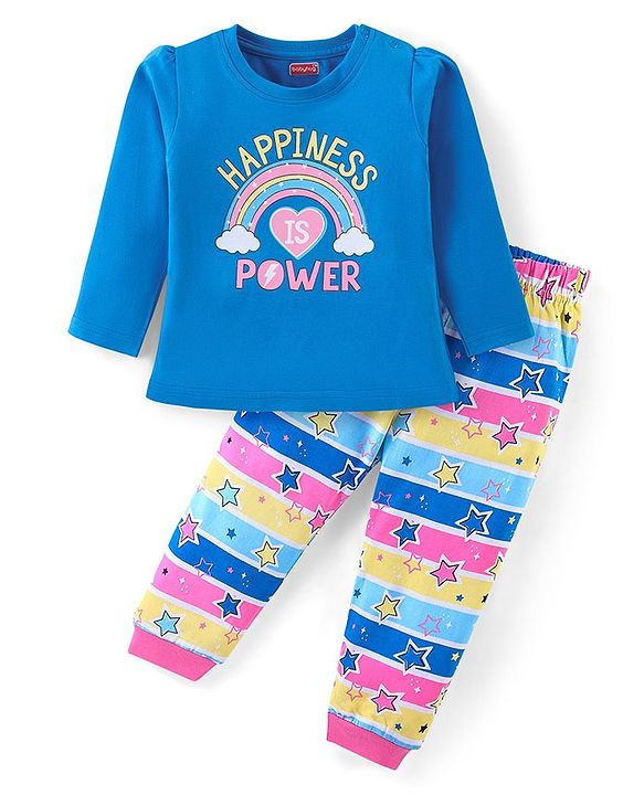 Babyhug Cotton Knit Full Sleeves Night Suit With Text & Stripes Print - Blue