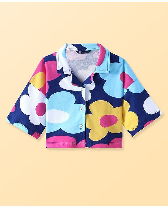 Pine Kids Cotton Knit Half Drop Shoulder Sleeves Top & Pant Set with Floral Print - Navy Blue