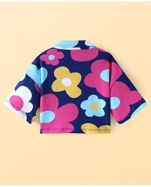 Pine Kids Cotton Knit Half Drop Shoulder Sleeves Top & Pant Set with Floral Print - Navy Blue