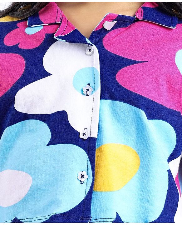 Pine Kids Cotton Knit Half Drop Shoulder Sleeves Top & Pant Set with Floral Print - Navy Blue