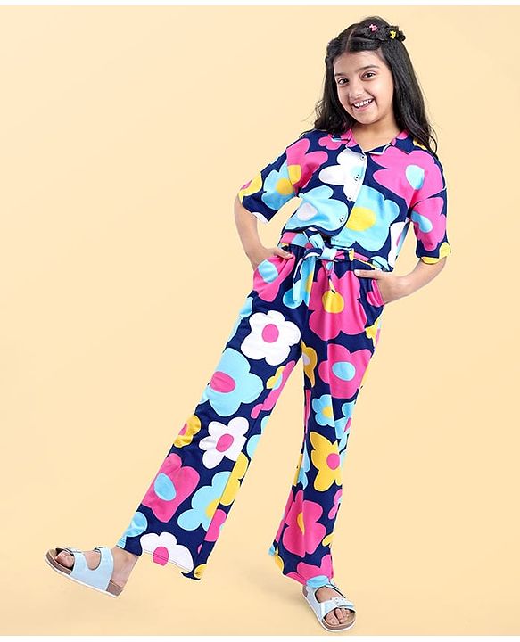Pine Kids Cotton Knit Half Drop Shoulder Sleeves Top & Pant Set with Floral Print - Navy Blue