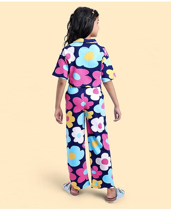 Pine Kids Cotton Knit Half Drop Shoulder Sleeves Top & Pant Set with Floral Print - Navy Blue
