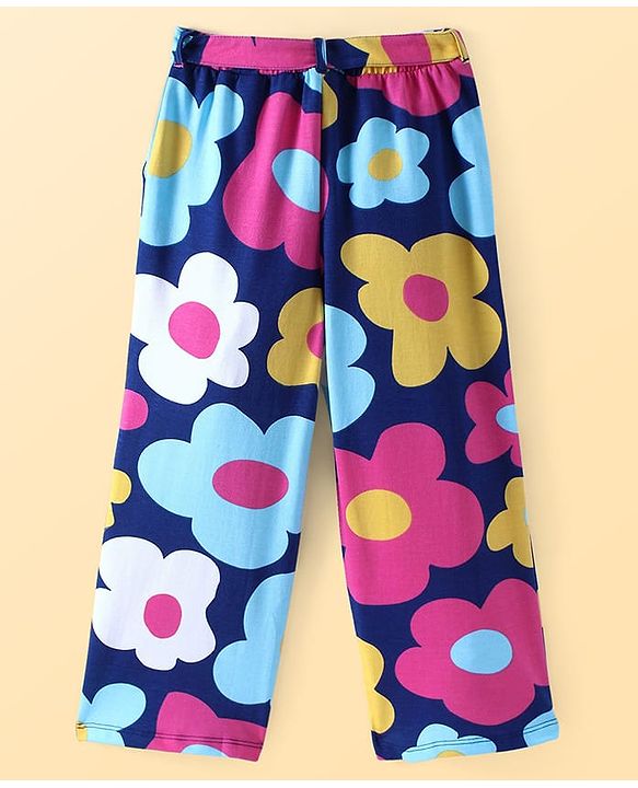 Pine Kids Cotton Knit Half Drop Shoulder Sleeves Top & Pant Set with Floral Print - Navy Blue