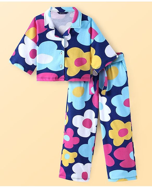 Pine Kids Cotton Knit Half Drop Shoulder Sleeves Top & Pant Set with Floral Print - Navy Blue