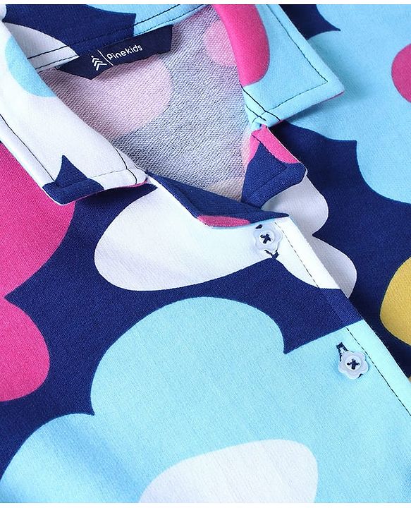 Pine Kids Cotton Knit Half Drop Shoulder Sleeves Top & Pant Set with Floral Print - Navy Blue