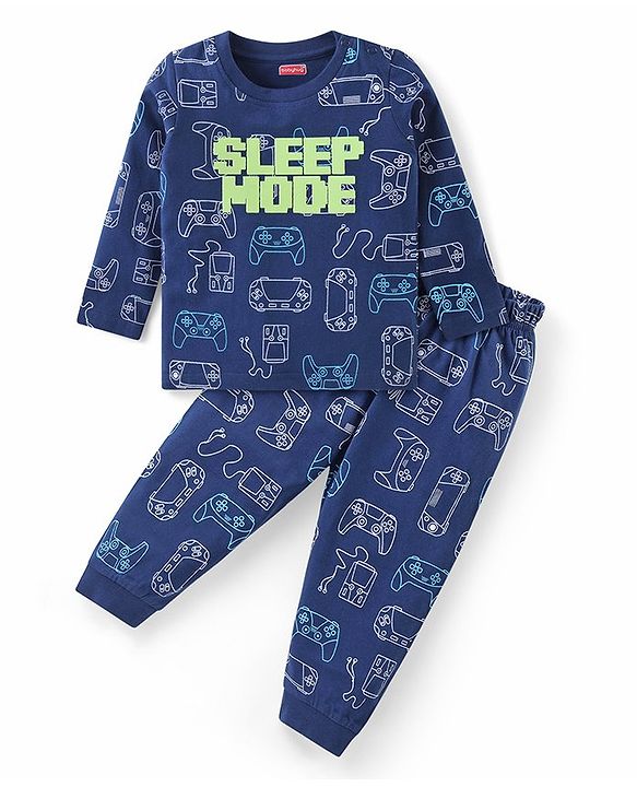 Babyhug Cotton Knit Full Sleeves Night Suit With Gaming Theme Print - Navy