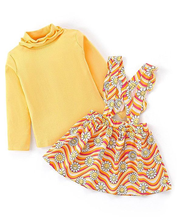 Babyhug Cotton Knit Full Sleeves Top & Floral Printed Skirt With Suspender - Yellow