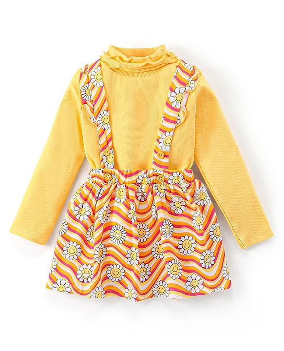 Babyhug Cotton Knit Full Sleeves Top & Floral Printed Skirt With Suspender - Yellow
