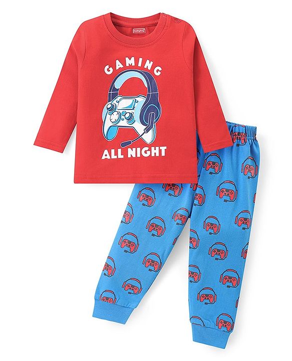 Babyhug Cotton Knit Full Sleeves Night Suit Gaming Print - Red