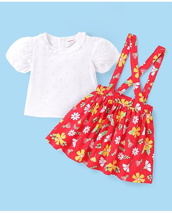Babyhug Cotton Knit Half Sleeves Schiffli Top & Floral Printed Skirt With Suspender - White & Red