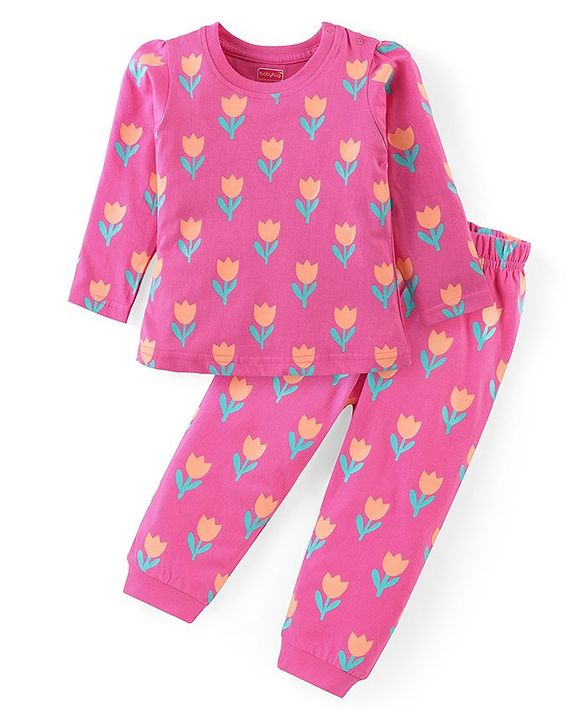 Babyhug Cotton Knit Full Sleeves Floral Printed Night Suit - Pink