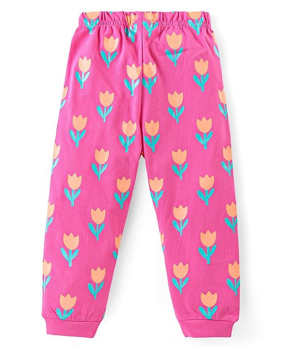 Babyhug Cotton Knit Full Sleeves Floral Printed Night Suit - Pink