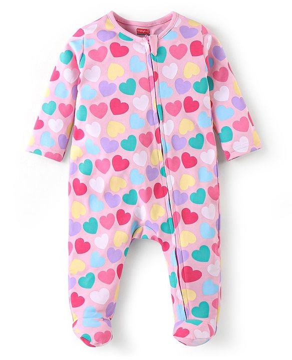 Babyhug Cotton Knit Full Sleeves Sleep Suit With Hearts Print - Pink