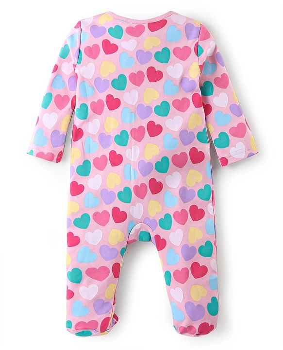 Babyhug Cotton Knit Full Sleeves Sleep Suit With Hearts Print - Pink